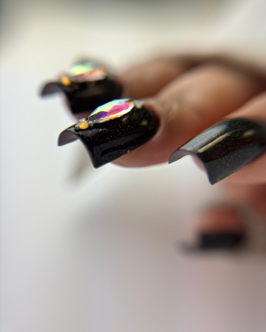 Black square gel nails with crystal design – strong apex and perfect Lux Correction structure