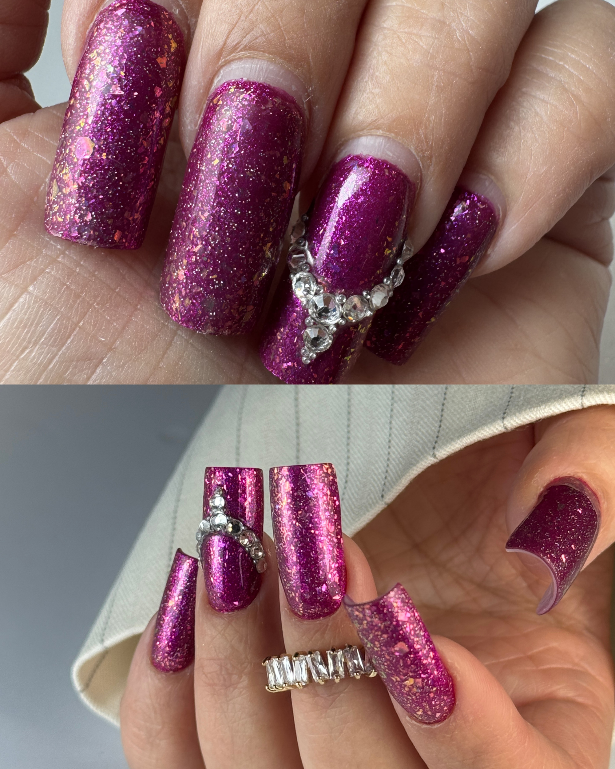 long pink glitter square gel nails with crystal decoration – Twinz Nails nail structure technique